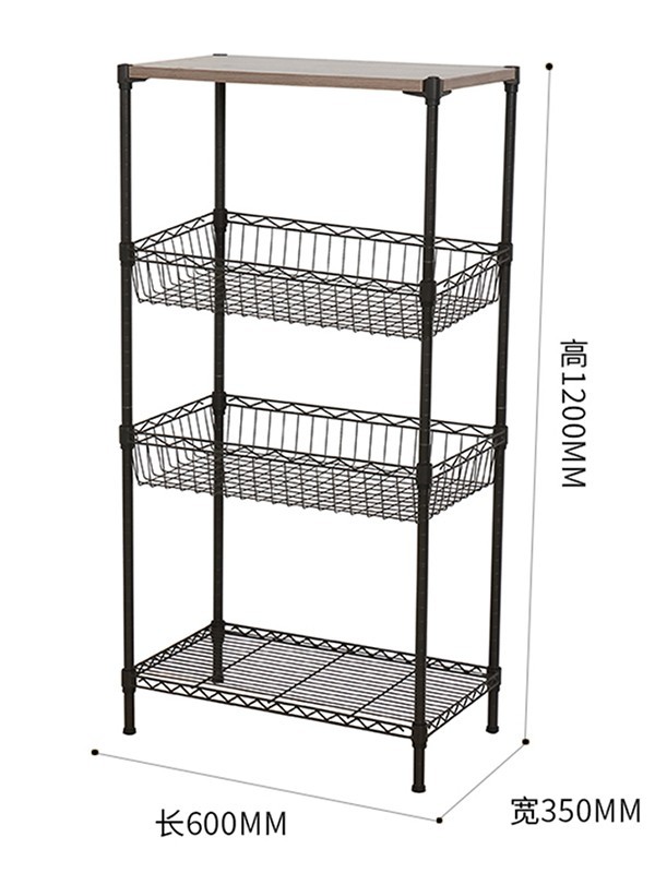 四层钢木网篮落地置物架